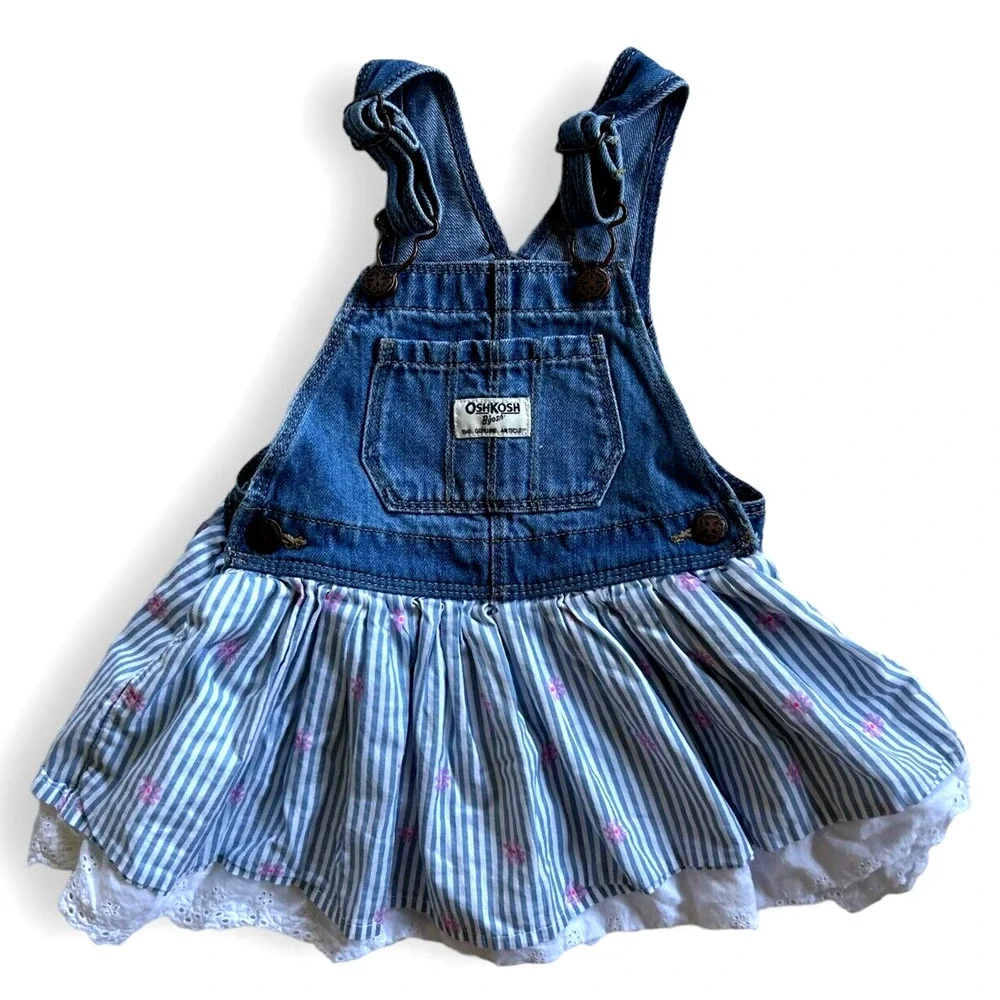 OshKosh B'gosh Overall Dress Striped Flower Eyelet Lace Ruffle Dress 2T